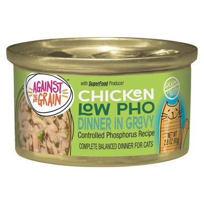 A 2.8 oz can of Against the Grain Chicken Low Pho Dinner In Gravy Wet Cat Food by Against the Grain, featuring a green label with a cartoon cat, gold lid, and grain-free recipe. Sold as 24-pack cans.