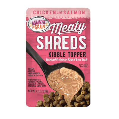 Against the Grain Shreds Kibble Topper Chicken & Salmon in Bone Broth Pouch 24/2.8oz Against the Grain