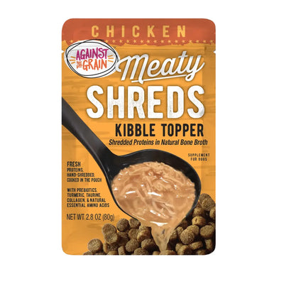 Against the Grain Shreds Kibble Topper Chicken in Bone Broth Pouch 24/2.8oz features shredded chicken in bone broth to support dog digestion, shown over kibble on the packaging with bold product details and supplement facts.