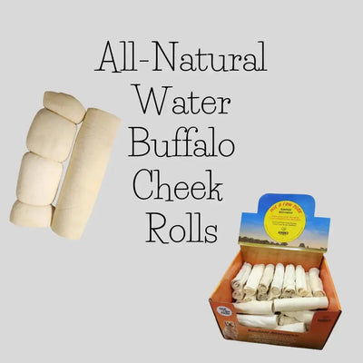 Advance Pet Products All Natural Water Buffalo Cheek Roll Chews for Tough Chewers shown; close-up of two rolls and a retail box display. Text: All-Natural Dog Chews for Dental Health for Dogs.