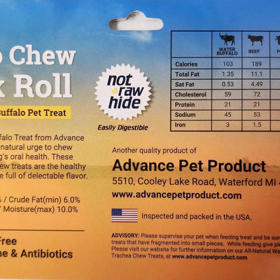 The package for Advance Pet Products’ All Natural Water Buffalo Cheek Roll Chews for Tough Chewers features nutrition facts, contact info, a “not rawhide” badge, and a small American flag to show it’s all natural and made in the USA.