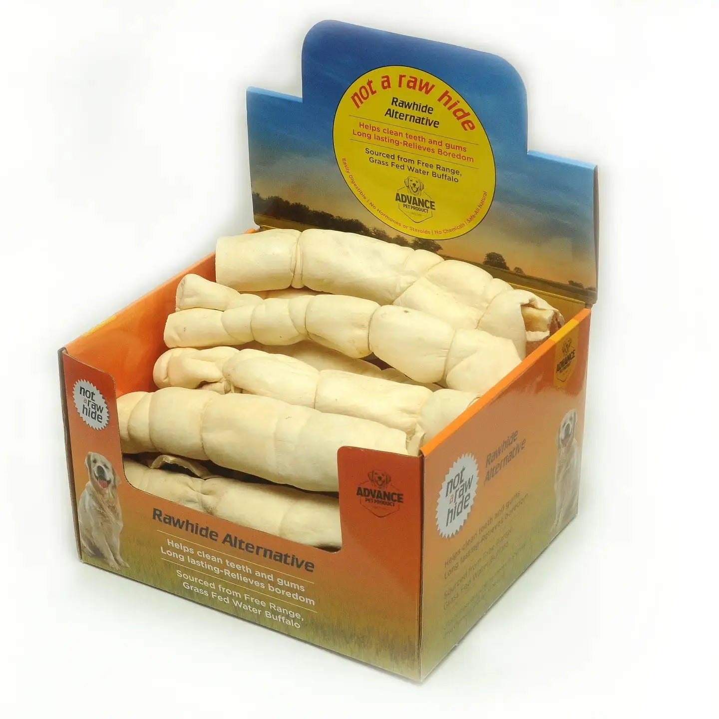 A box of Advance Pet Products All Natural Water Buffalo Cheek Roll Chews for Tough Chewers is shown, with several light-colored chews inside a colorful box featuring a dog image and details emphasizing dental health.