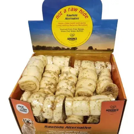 Advance Pet Products All Natural Water Buffalo Cheek Roll Chews for Tough Chewers are displayed in a Rawhide Alternative box, highlighting they’re rawhide-free, support dental health, and made from free-range, grass-fed water buffalo.