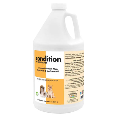 A gallon of Showseason Aloe Enriched Conditioner for Dogs and Cats, cruelty-free and enriched with aloe, amino acids, and sunflower oil. The label provides application directions and product details. Suitable for dogs, cats, puppies, and kittens.