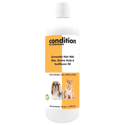A bottle of Showseason Aloe Enriched Conditioner for Dogs and Cats, featuring a dog and cat image. This cruelty-free formula with amino acids and sunflower oil is ideal for grooming dogs, cats, puppies, and kittens.