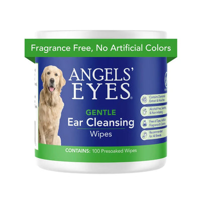 A container of Angels Eyes Gentle Dog Ear Cleaning Wipes displays a golden retriever, green accents, and labels showing Fragrance Free, No Artificial Colors, and 100 Presoaked Wipes for easy pet ear care.