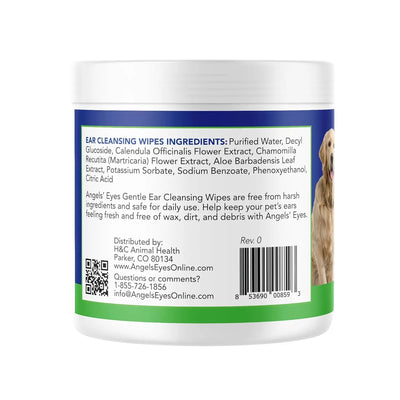 A white container of Angels Eyes Angels Eyes Gentle Dog Ear Cleaning Wipes features ingredients and product details on the label, with a golden retriever pictured on the right to emphasize these pet ear care wipes.