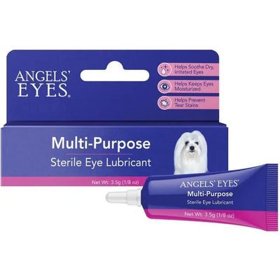A box and tube of Angels Eyes Multi-Purpose Sterile Dog & Cat Eye Lubricant 3.5g features a white dog image and text highlighting its soothing, moisturizing, and tear stain prevention benefits for both dogs and cats.