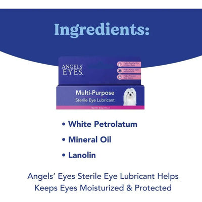 Angels Eyes Multi-Purpose Sterile Dog & Cat Eye Lubricant 3.5g keeps pet eyes moisturized and protected with white petrolatum, mineral oil, and lanolin; also helps prevent tear staining.