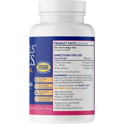 Side view of an Angels Eyes Natural Plus Beef Flavored Powder bottle for dogs & cats, showing usage directions, warnings, and manufacturer info. Label notes all-natural formula, antioxidant-rich ingredients, no wheat/corn; ideal as a tear stain supplement for all breeds.