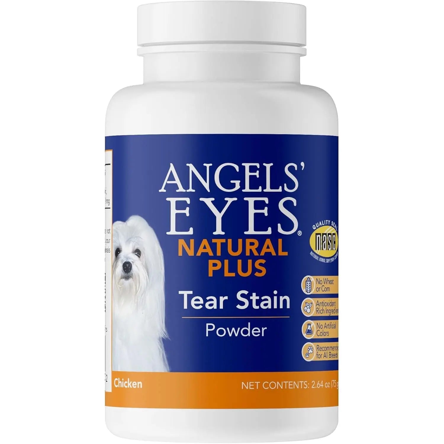 A white bottle of Angels Eyes Natural Plus Chicken Flavored Powder Tear Stain Supplement for Dogs & Cats features a chicken-flavored, antibiotic-free formula with natural antioxidants. Net content: 2.64 oz (75g).