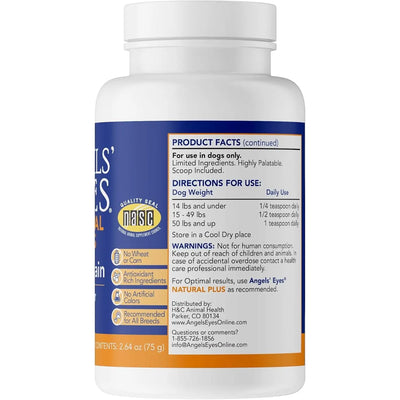The image shows the side label of Angels Eyes Natural Plus Chicken Flavored Powder Tear Stain Supplement for Dogs & Cats by Angels Eyes, with dosage, warnings, manufacturer info, NASC seal, and highlighting its antibiotic-free formula with natural antioxidants.