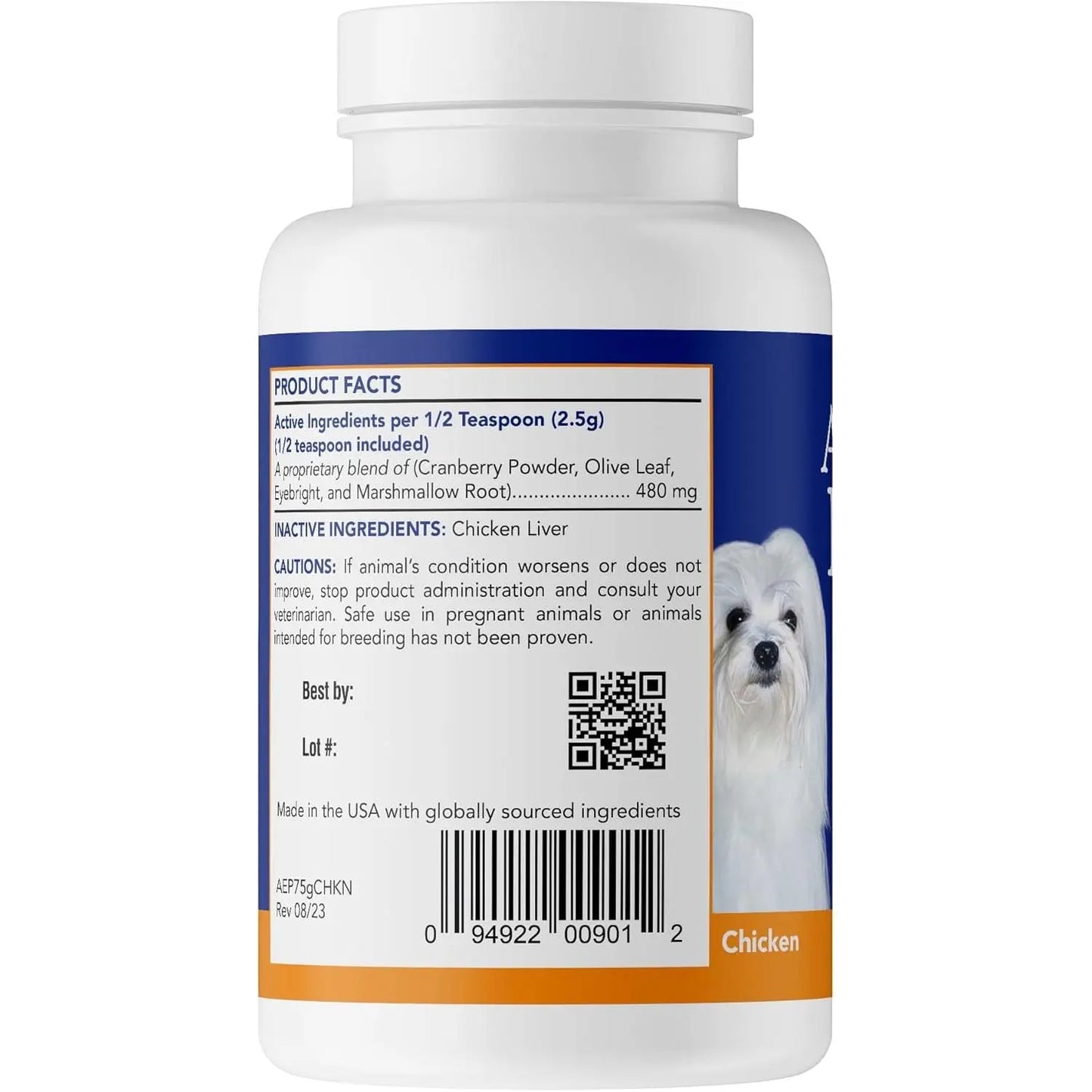 A white Angels Eyes bottle labeled Product Facts lists ingredients, cautions, and features an antibiotic-free, chicken-flavored formula. An image of a small white dog appears on the right. Product: Angels Eyes Natural Plus Tear Stain Supplement.