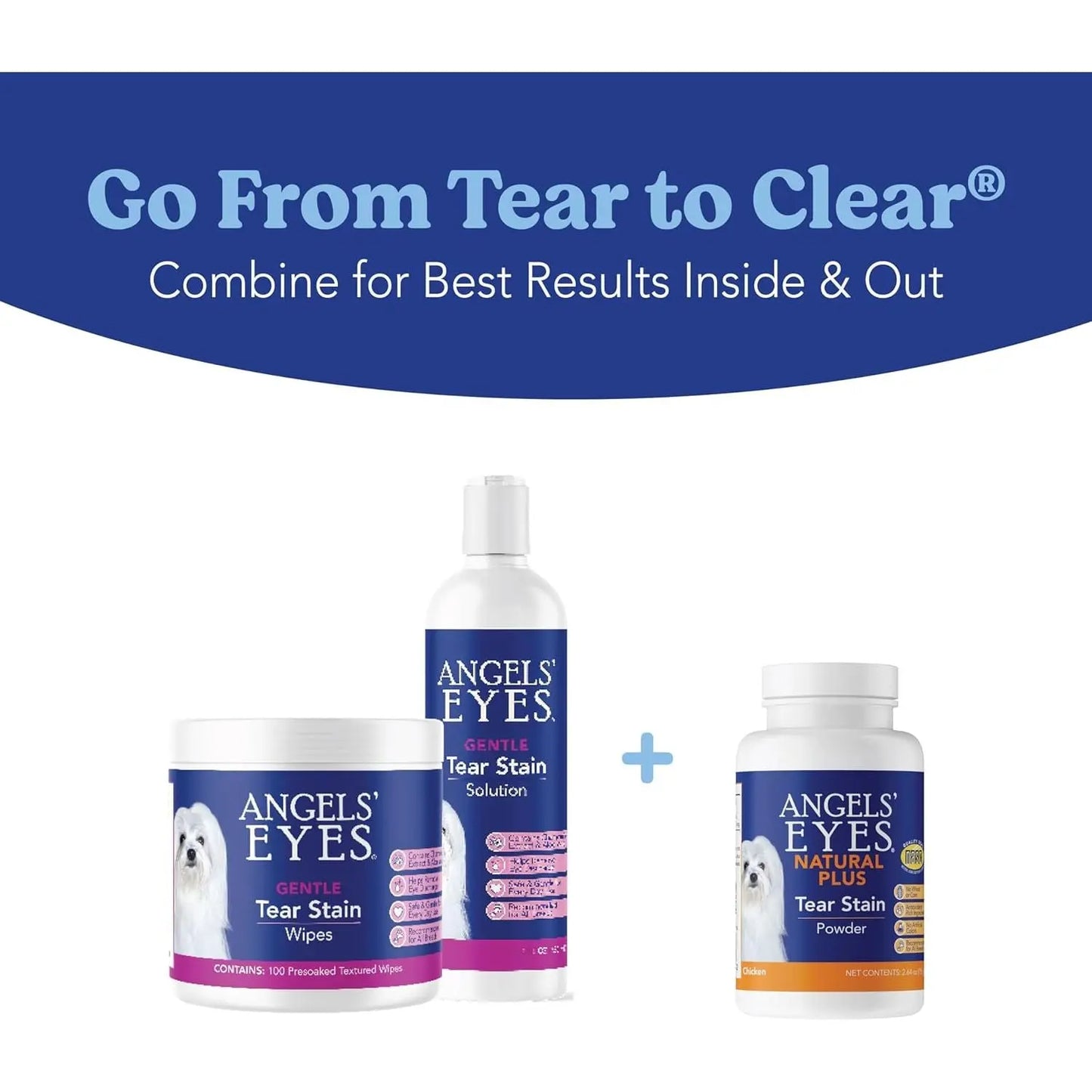 Image shows Angels Eyes pet tear stain care: Gentle Tear Stain Wipes, Gentle Tear Stain Solution, and Angels Eyes Natural Plus Chicken Flavored Powder Tear Stain Supplement for Dogs & Cats. Text: Go From Tear to Clear®. Combine for best results inside & out.