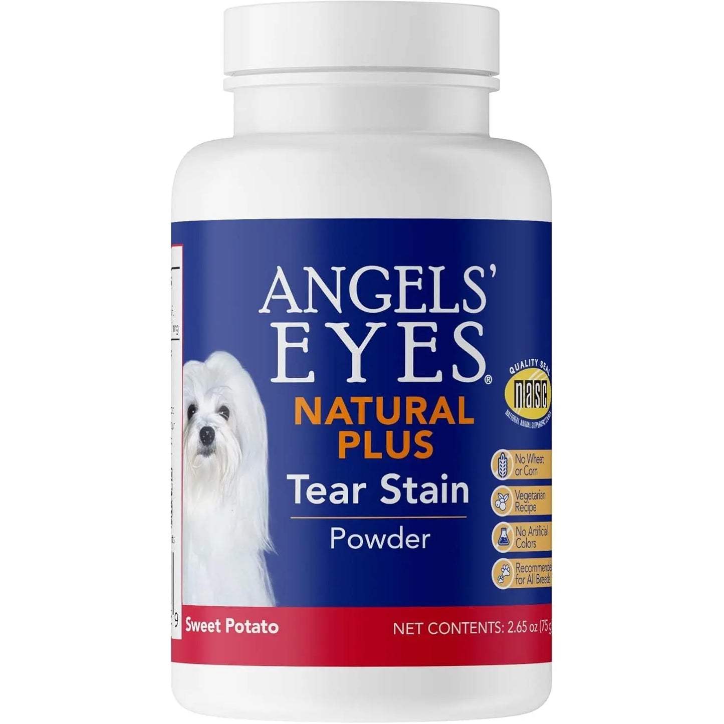 A white container of Angels Eyes Natural Plus Sweet Potato Powder Supplement for Dogs 75g features a white dog on the label and highlights no wheat or corn, a vegetarian recipe, and natural antioxidants. Brand: Angels Eyes.