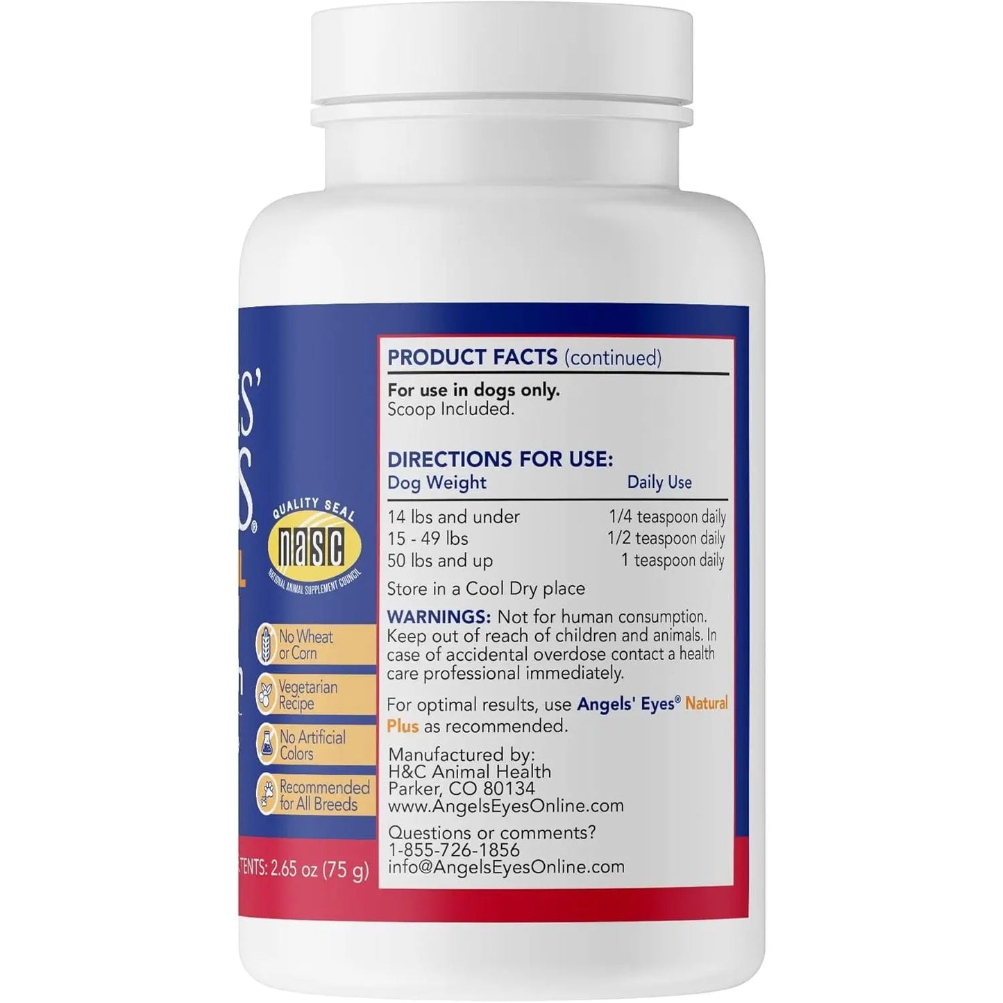 A white bottle of Angels Eyes Natural Plus Sweet Potato Powder Supplement for Dogs (75g) displays dosage by weight, warnings, and manufacturer info. For dogs only; contains natural antioxidants to help reduce tear stains. Contact and website info included.