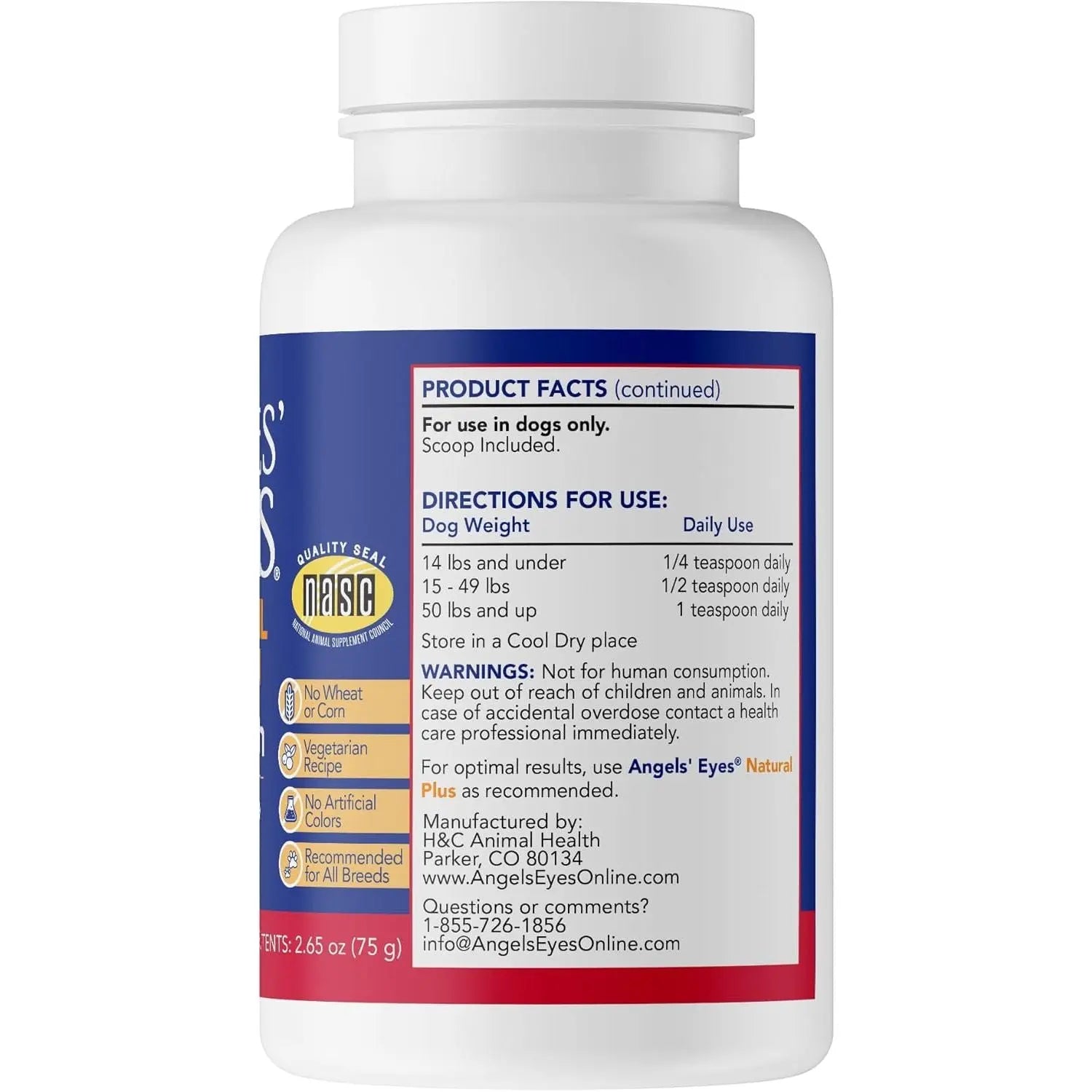 A white bottle of Angels Eyes Natural Plus Sweet Potato Powder Supplement for Dogs (75g) displays dosage by weight, warnings, and manufacturer info. For dogs only; contains natural antioxidants to help reduce tear stains. Contact and website info included.