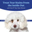 A white fluffy dog with tear stains under its left eye labeled Before and a clean right eye labeled After. Text above reads, Treat tear stains from the inside out with natural antioxidants in Angels Eyes Natural Plus Sweet Potato Powder Supplement.