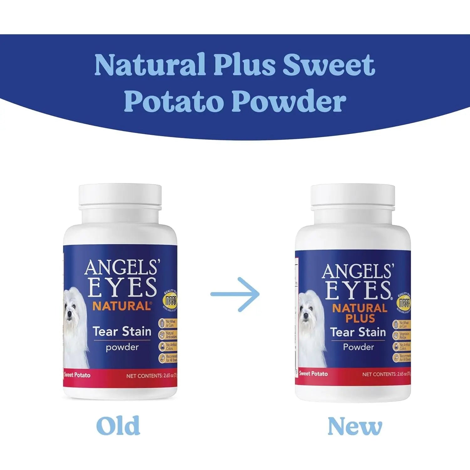 Two bottles of Angels Eyes tear stain powder for dogs are shown. The left is Angels Eyes Natural Tear Stain Powder with natural antioxidants, and the right is Angels Eyes Natural Plus Sweet Potato Powder Supplement for Dogs, 75g.