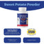 A bottle of Angels Eyes Natural Plus Sweet Potato Powder Supplement for Dogs 75g by Angels Eyes is centered on a blue and white background, with text highlighting natural antioxidants, quality ingredients, and a quality seal.