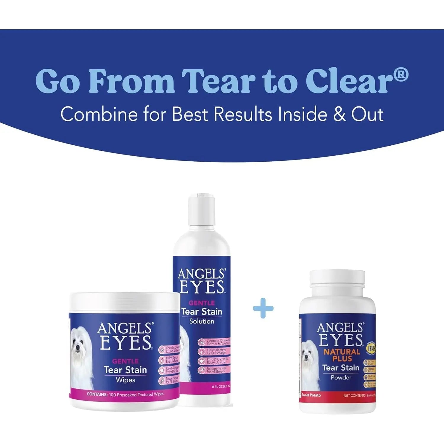 Angels Eyes Natural Plus Sweet Potato Powder Supplement for Dogs (75g) is shown with a white dog and a blue “Go From Tear to Clear” banner—an effective tear stain remover made with natural antioxidants.
