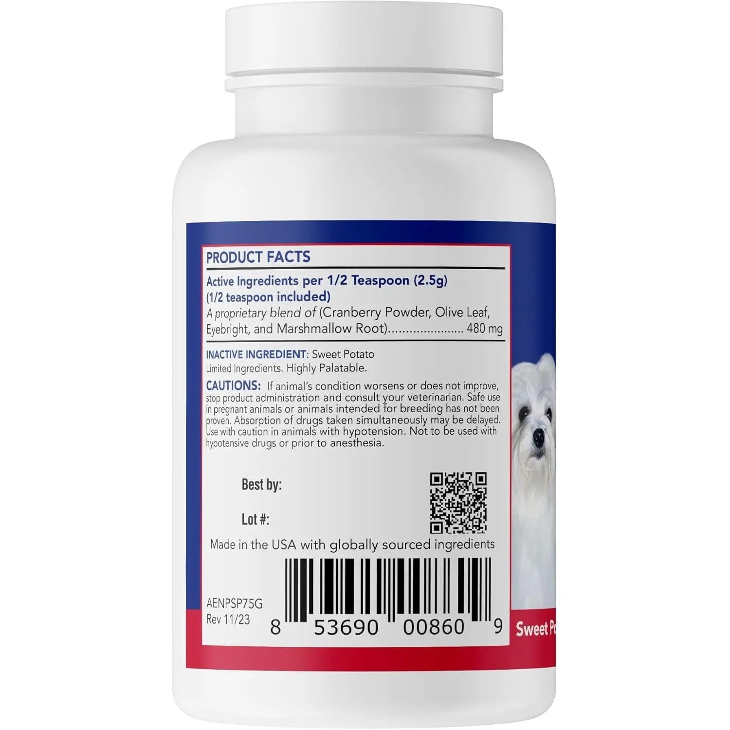 Back label of Angels Eyes Natural Plus Sweet Potato Powder Supplement for Dogs 75g by Angels Eyes, showing facts, natural antioxidants, ingredients like cranberry powder, olive leaf, eyebright, marshmallow root; supports tear stains; includes cautions and barcode.