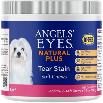 A container of Angels Eyes Natural Plus Tear Stain Beef Flavored Soft Chew Supplement for Dogs 90ct, featuring a white dog and text noting its wheat, corn, and artificial color-free with natural antioxidant-rich ingredients.