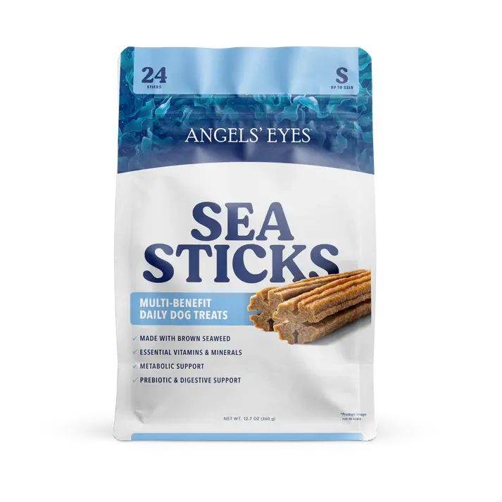 A bag of Angels Eyes Sea Sticks Multi-Benefit Dog Treats features images of treat sticks, promoting brown seaweed for digestive health plus added vitamins, metabolic and prebiotic support.