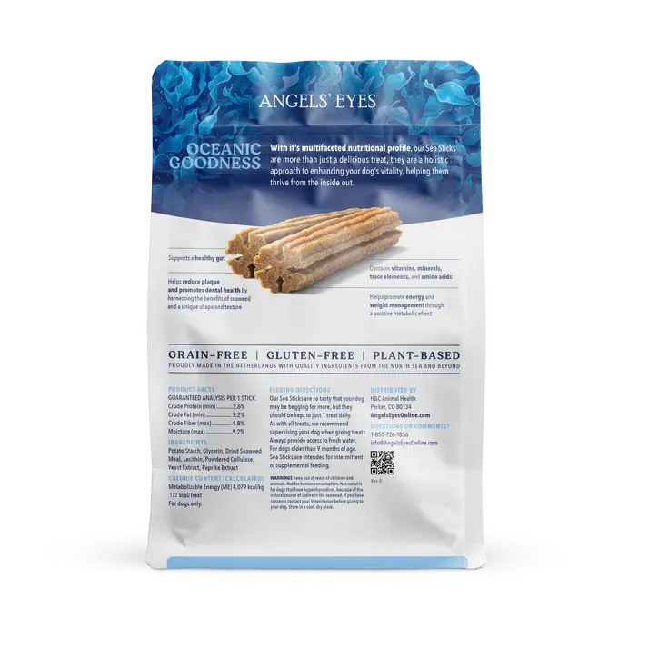 Back view of an Angels Eyes Sea Sticks Multi-Benefit Dog Treats package in blue and white, showing product info, nutritional facts, brown seaweed for digestive health, and an image of stacked tan ridged chews.