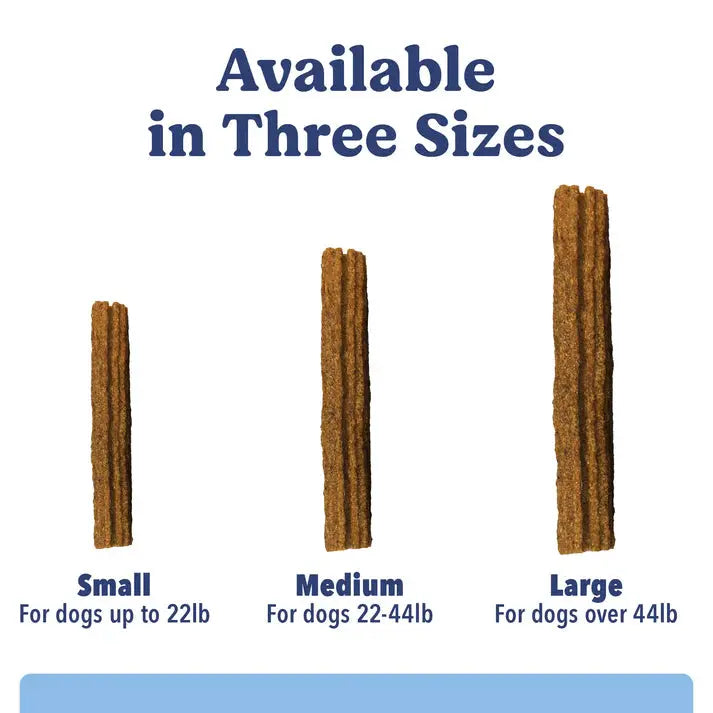 Angels Eyes Sea Sticks Multi-Benefit Dog Treats from Angels Eyes come in three sizes for dogs: Small (up to 22lb), Medium (22–44lb), and Large (over 44lb). Brown treats with prebiotic brown seaweed. Available in Three Sizes.