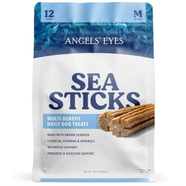 A bag of Angels Eyes Sea Sticks Multi-Benefit Dog Treats features blue and white packaging with brown stick-shaped treats, highlighting digestive support from brown seaweed.