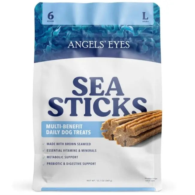 A package of Angels Eyes Sea Sticks Multi-Benefit Dog Treats shows brown, stick-shaped prebiotic treats made with brown seaweed and vitamins to support your dog’s metabolism and digestion.