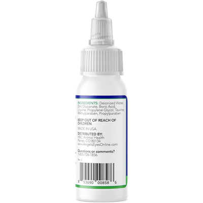 Angels Eyes Zinc-Otic Ear Relief Treatment for Dogs & Cats 1 Ounce comes in a white plastic bottle with a pointed nozzle tip; label includes ingredients, warnings, distributor info, website, phone number, and barcode 8 53690 00858 6.