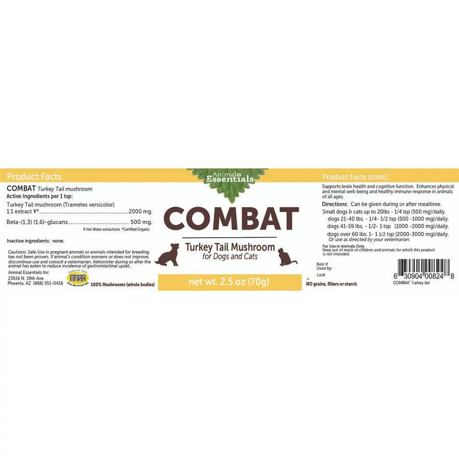 Animal Essentials Combat Turkey Tail Mushroom Cat & Dog Vitamin Supplement 70g Animal Essentials®