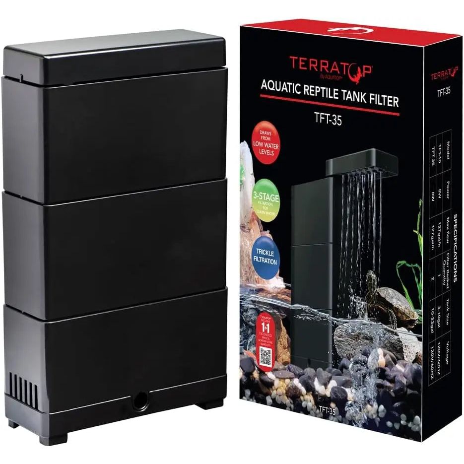 AquaTop’s black Terratop Aquatic Reptile Tank Filter is displayed next to its box, which shows the product in use for terrariums and paludariums and highlights efficient 3-stage filtration for clean water and healthier pets.