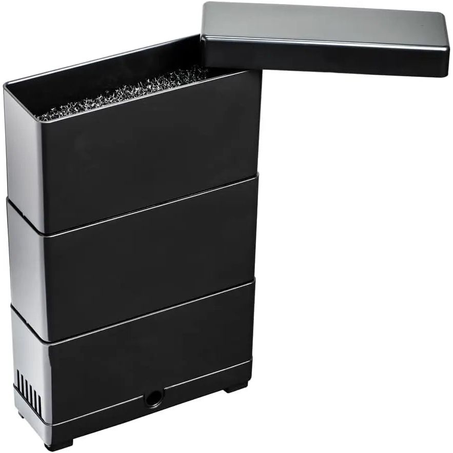 The AquaTop Terratop Aquatic Reptile Tank Filter features a rectangular black box with an open lid and bristled interior, offering 3-stage filtration and base air vents for clean water and healthier pets in terrariums or paludariums.