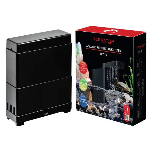 The AquaTop Aquatop Terratop Aquatic Reptile Tank Filter Clean Water and Healthier Pets (model TFI-10) in black is shown beside its box, which features images, product details, and a photo of the 3-stage filtration with turtles and frogs.