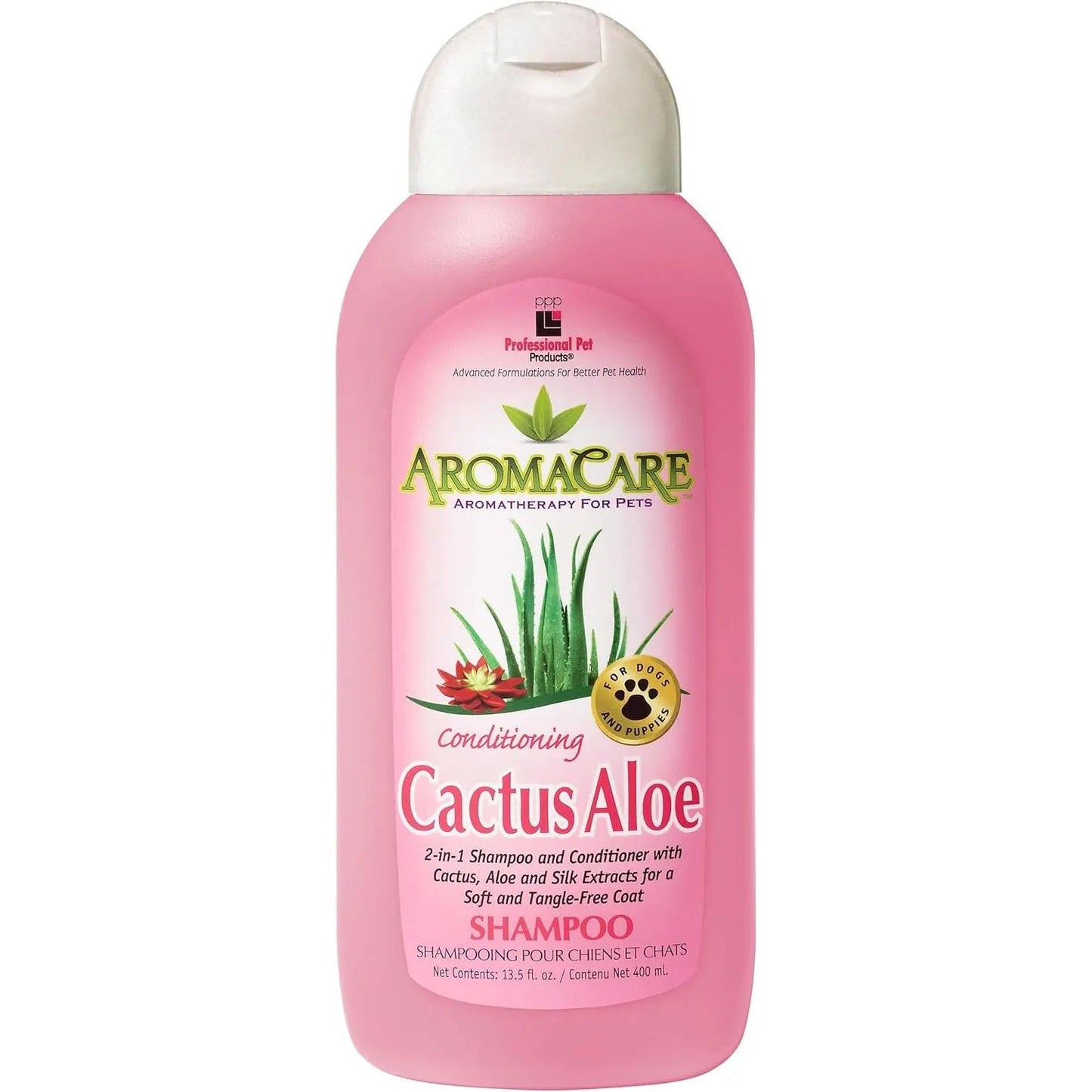 AromaCare Conditioning Cactus Shampoo: a pink bottle 2-in-1 shampoo and conditioner for dogs and puppies, with cactus and aloe images. Promotes a silky coat. Text in English & French. Brand: AromaCare.