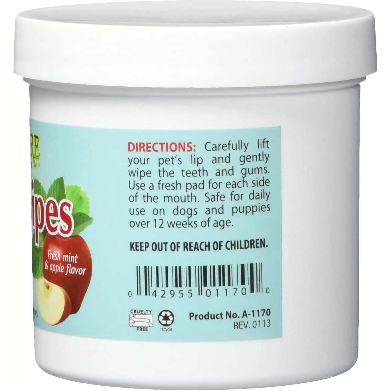 AromaCare Dental Wipes, 100 Count, in a white container with usage instructions for pets’ teeth and gums, cruelty-free and recycling symbols, a barcode, and a warning to keep out of reach of children.