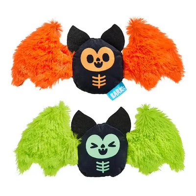 The BARK Flutter & Fang Plush Dog Toy by BARK features two Halloween bat toys—one orange, one green—with black ears, stitched faces, and fuzzy wings, perfect as squeaky or chew toys for small dogs.