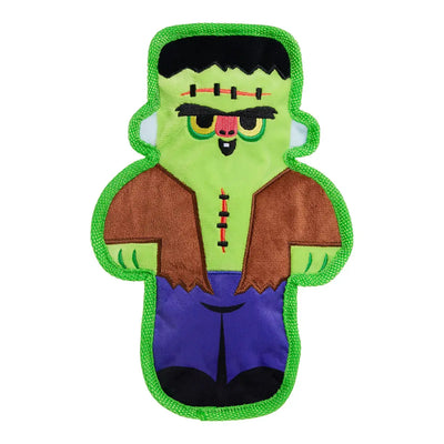 The BARK Frankensteins Muttster Plush Dog Toy features a cartoon-style design with green skin, black hair, stitches, brown jacket, and purple pants. This playful toy from BARK has a bright green border and friendly expression—perfect for playtime fun.