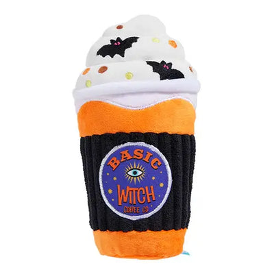 The BARK Spooky Boo Brew Plush Dog Toy by BARK is a Halloween-themed coffee cup with white whipped cream, black bats, colorful sprinkles, and an orange-and-black “Basic Witch Coffee Co.” sleeve.