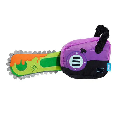 The BARK Texas Chainspaw Plush Dog Toy is a colorful, chainsaw-shaped dog toy with a green and orange blade, gray teeth, purple and black handle, and blue tag—perfect as a playful Halloween toy from BARK.