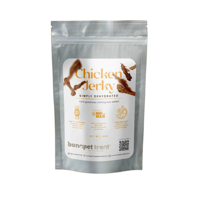 Bonapet All-Natural Chicken Jerky for Healthy Pets 5 oz by Bonapet Treat comes in a clear, resealable bag. The label features images of jerky, highlights high-quality protein, rich Omega 6 fatty acids, and easy digestion from simple dehydration.