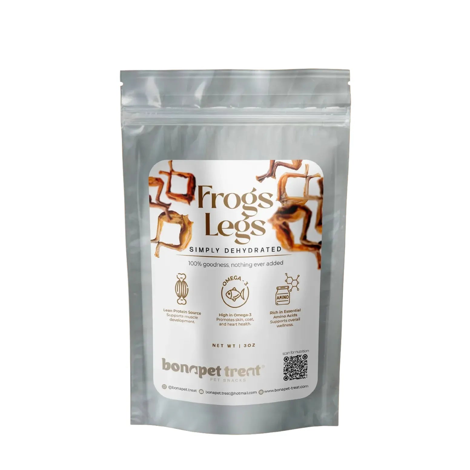 A clear resealable bag labeled Bonapet All-Natural High-Protein Frog Legs Treat for Pets 3 oz features images of frog legs and highlights lean protein, omega-3 fatty acids, and amino acids. The Bonapet Treat brand appears at the bottom.