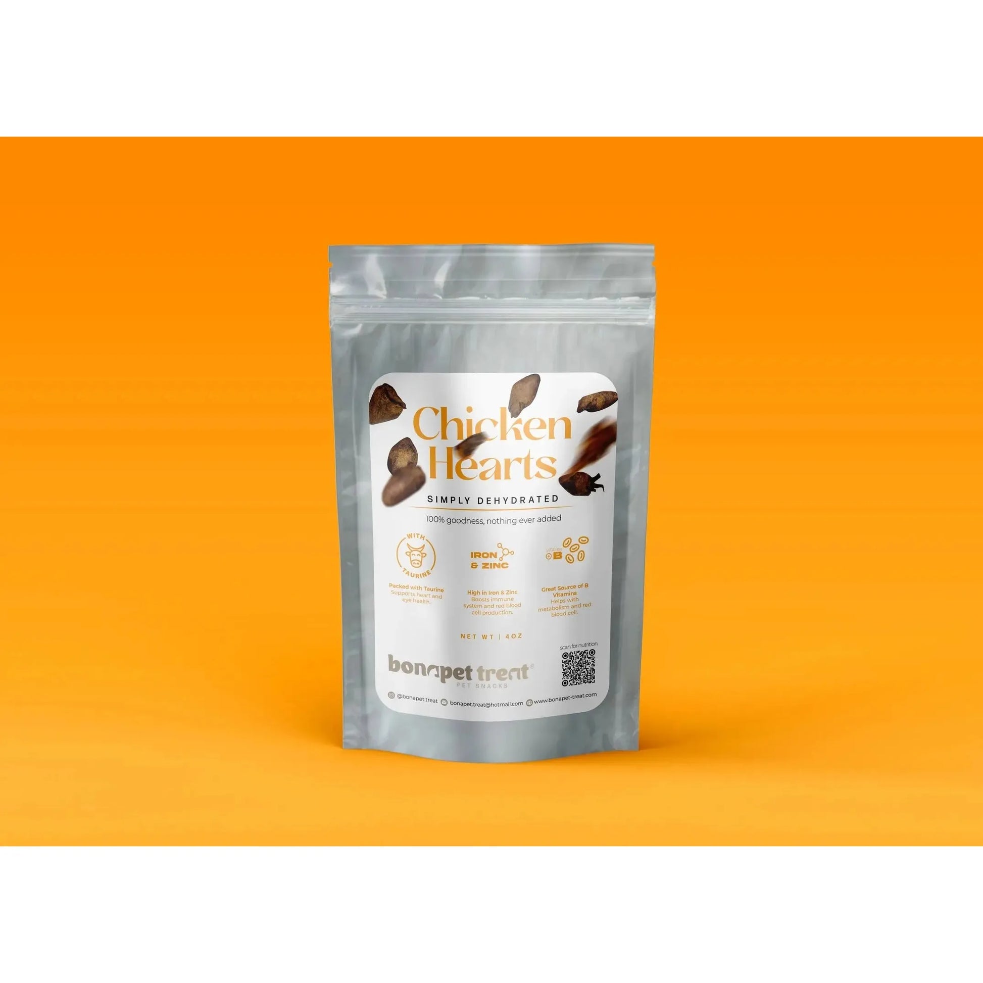 A silver pouch of Bonapet Treats Chicken Hearts - All-Natural High-Protein Treat stands against an orange background. The label shows heart illustrations and promotes this simply dehydrated snack as natural and beneficial for pets health.