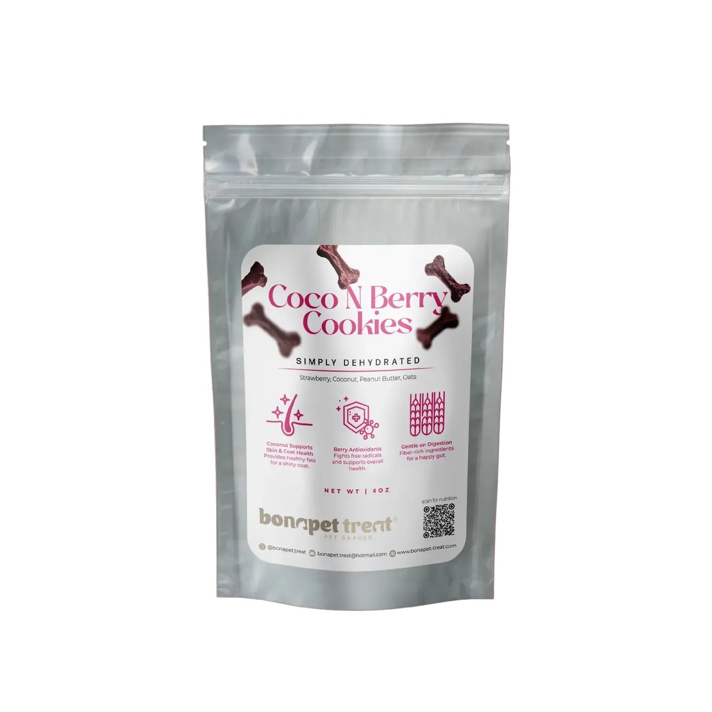 A silver resealable pouch labeled “Bonapet Coco N Berry Organic Dog Cookies 4 oz” by Bonapet Treat, featuring organic cookies with dehydrated strawberry, coconut, peanut butter, and oats; label shows icons, details, and a QR code.