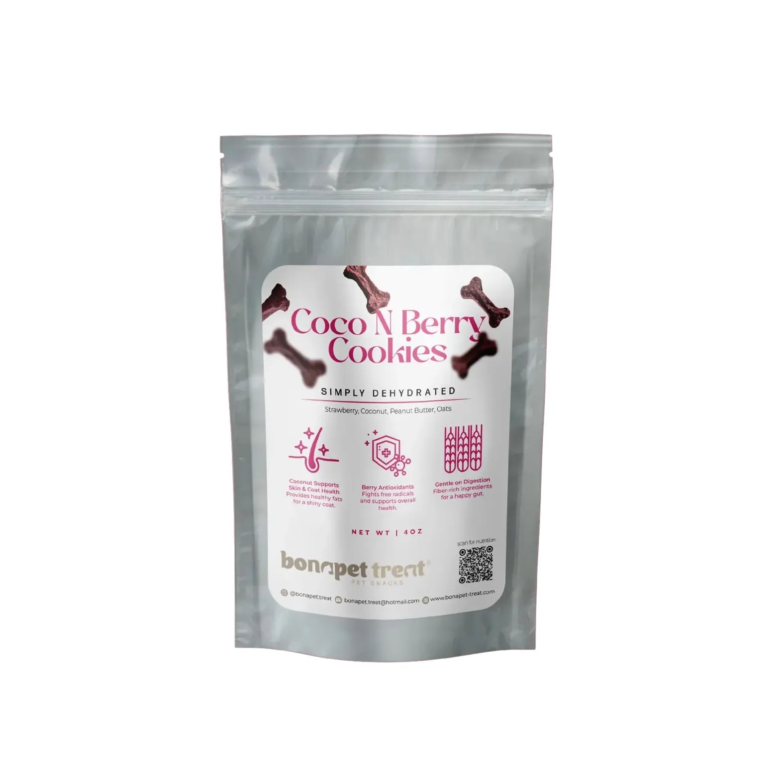 A silver resealable pouch labeled “Bonapet Coco N Berry Organic Dog Cookies 4 oz” by Bonapet Treat, featuring organic cookies with dehydrated strawberry, coconut, peanut butter, and oats; label shows icons, details, and a QR code.