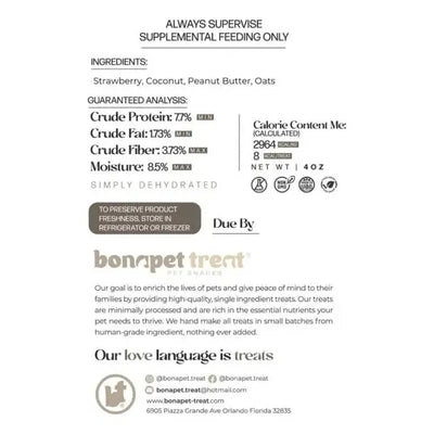A Bonapet Treat Coco N Berry Organic Dog Cookies 4 oz label with strawberry, coconut, peanut butter, and oats ingredients, nutrition facts, feeding guide, storage tips, company details, and social media icons.