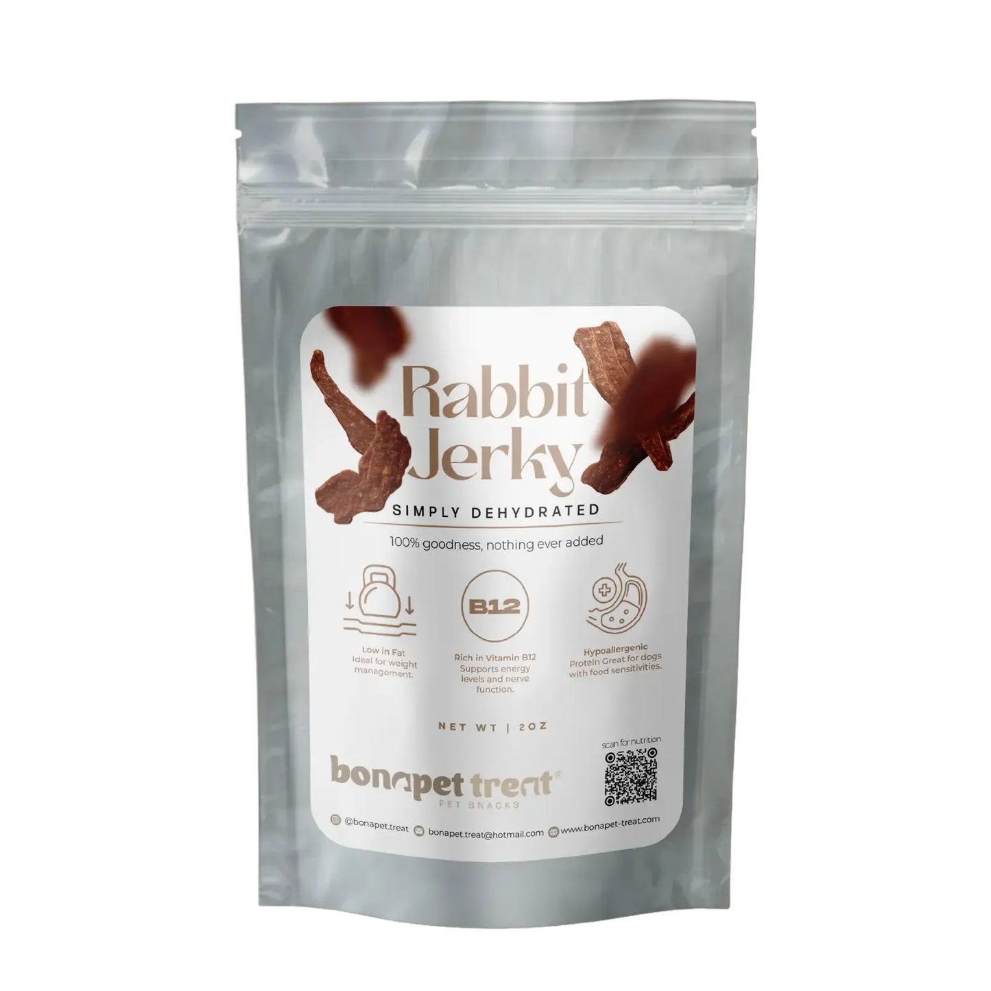 A resealable pouch labeled Bonapet Digestible Rabbit Jerky for Dogs with Allergies & Food Sensitivities 4 oz features jerky images and highlights its dehydrated, hypoallergenic, high-protein, low fat, vitamin B12-rich treats by Bonapet Treat.